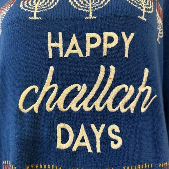 “Happy Challa Days” Knit Sweater Size L Royal Blue Hanukkah MenorahJewishHoliday - Picture 3 of 10